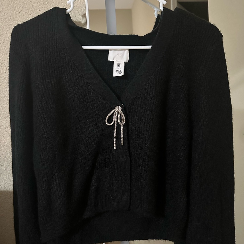 Black V-Neck Cardigan with Bow Detail